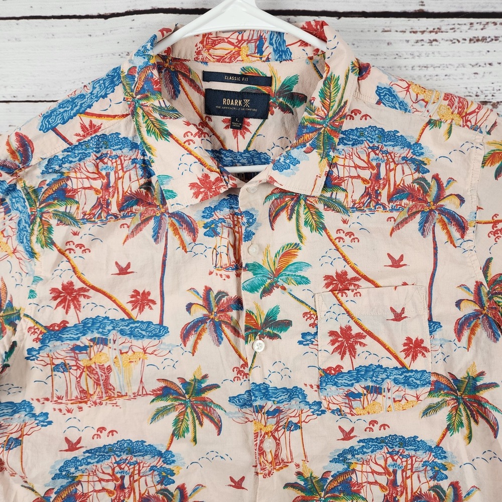 Roark Banyan Button Down Shirt Large Classic Fit Tan Tropical Palm Tree Print